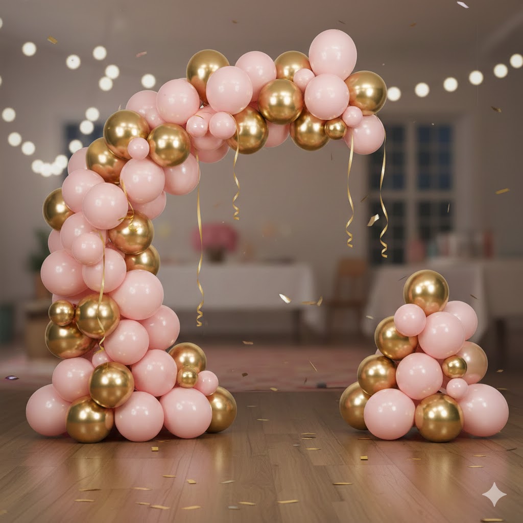 Ballonbue i guld og rosa ved indgang til event