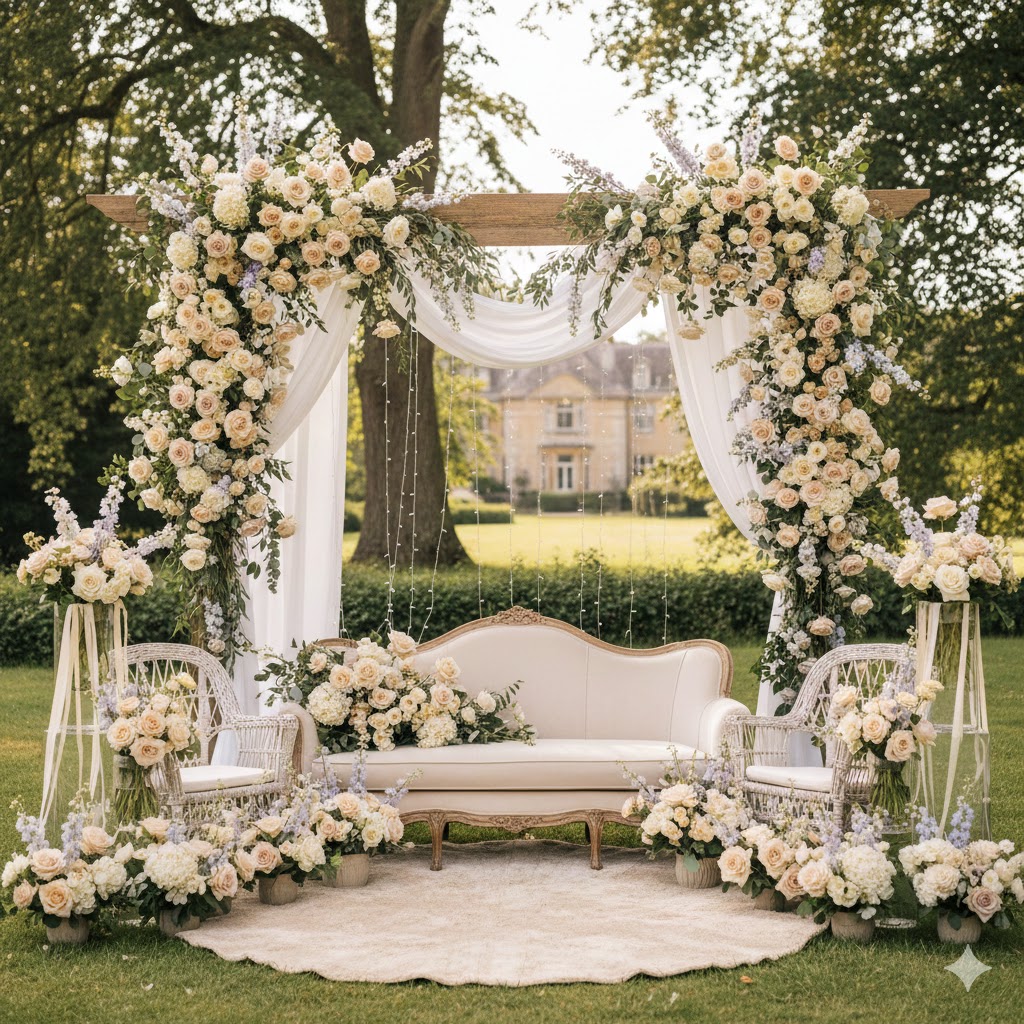 Blomsterbaggrund i cremefarver til bryllup