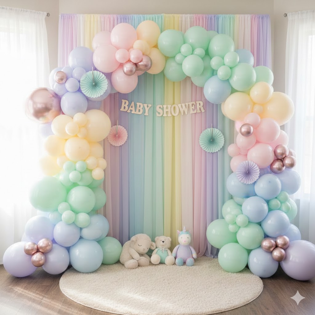 Pastelfarvet fotovæg med balloner og blomster